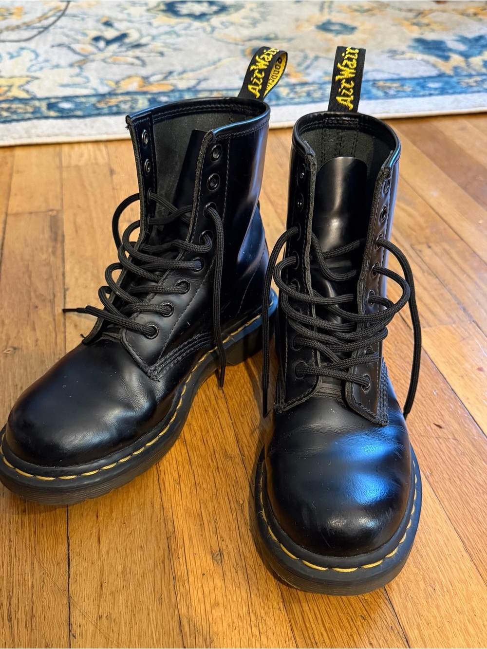 Dr. Martens 1460 Black Leather Boots with Yellow Stitching